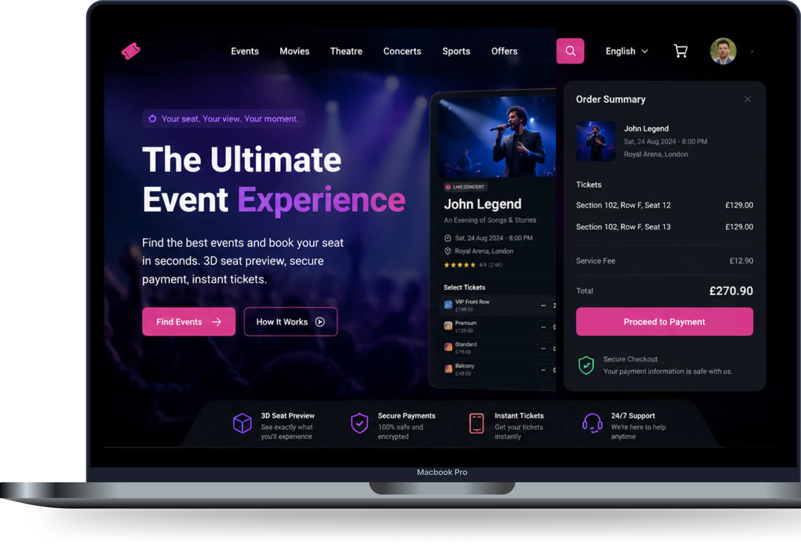 Online Event-Ticketing Platform event page showing seat selection, order summary, and secure checkout
