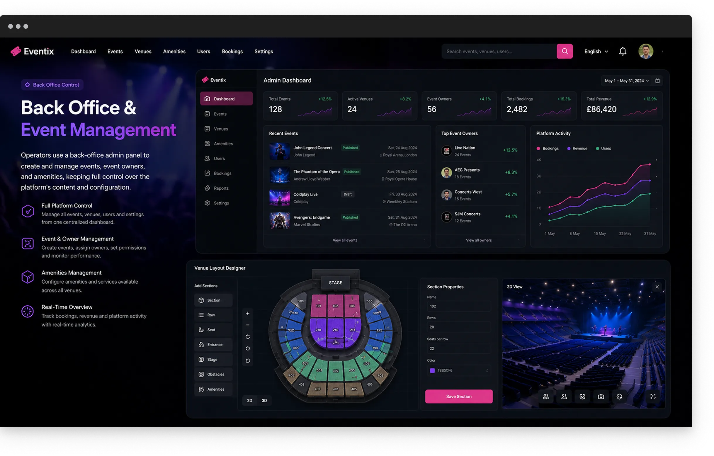 Online Event-Ticketing Platform back-office admin dashboard and venue layout designer for seating plans