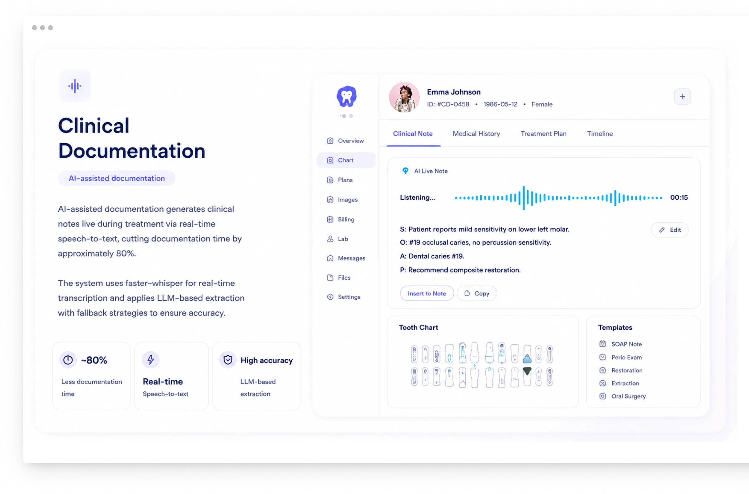 Cloud Dental EHR clinical documentation screen with AI-generated notes and tooth chart