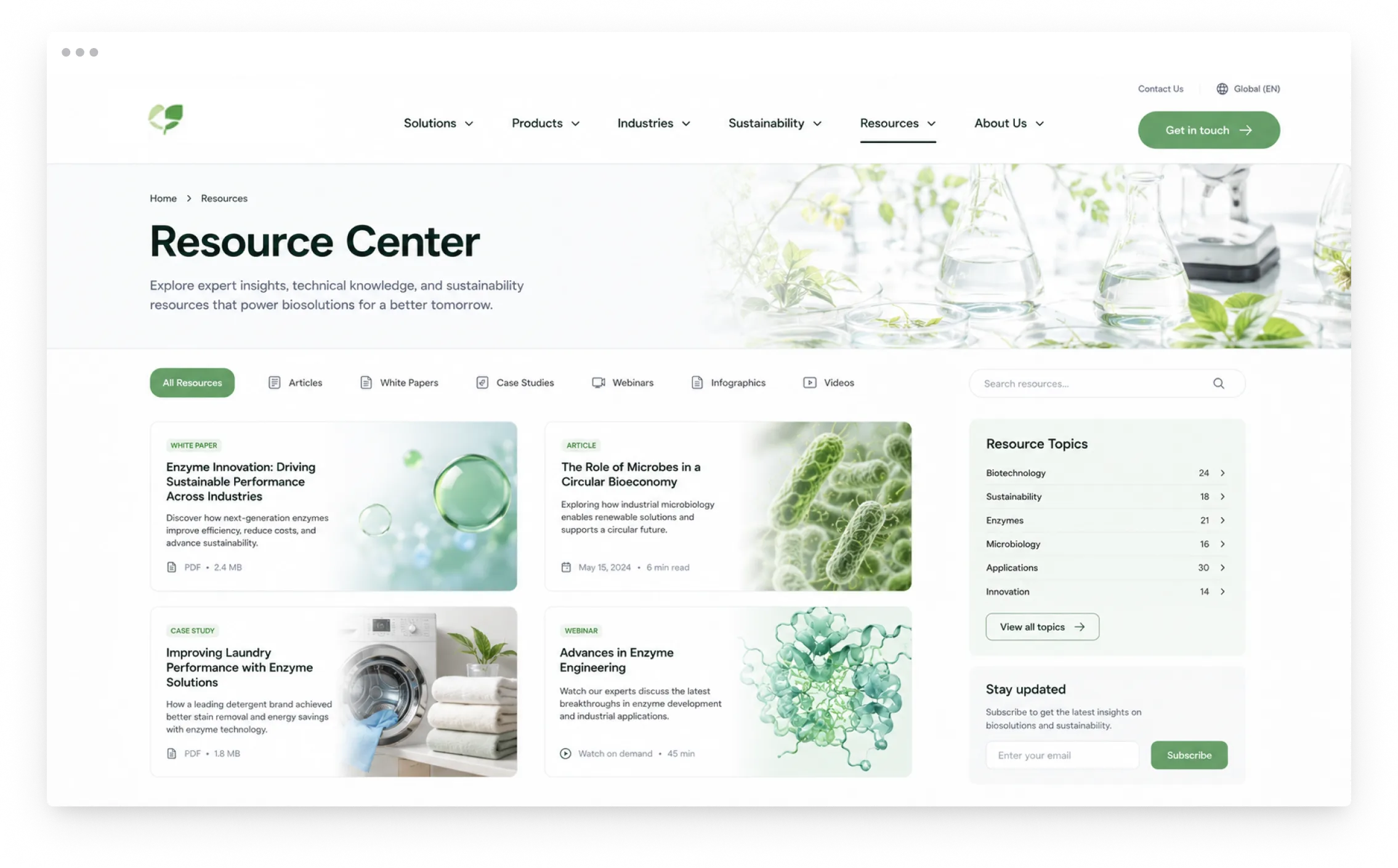 Biosolutions resource center with articles on enzyme innovation and sustainability performance
