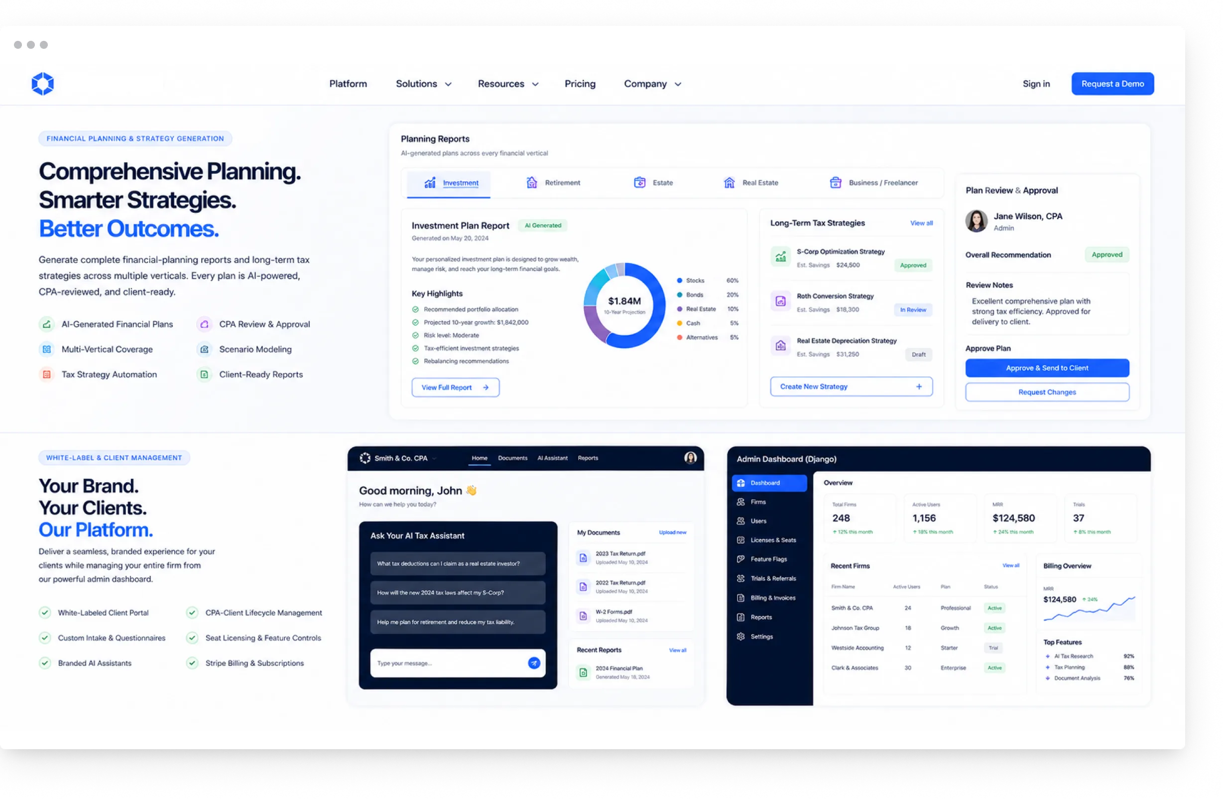 AI-Powered Tax Planning platform showing financial planning report and white-label branded CPA portal