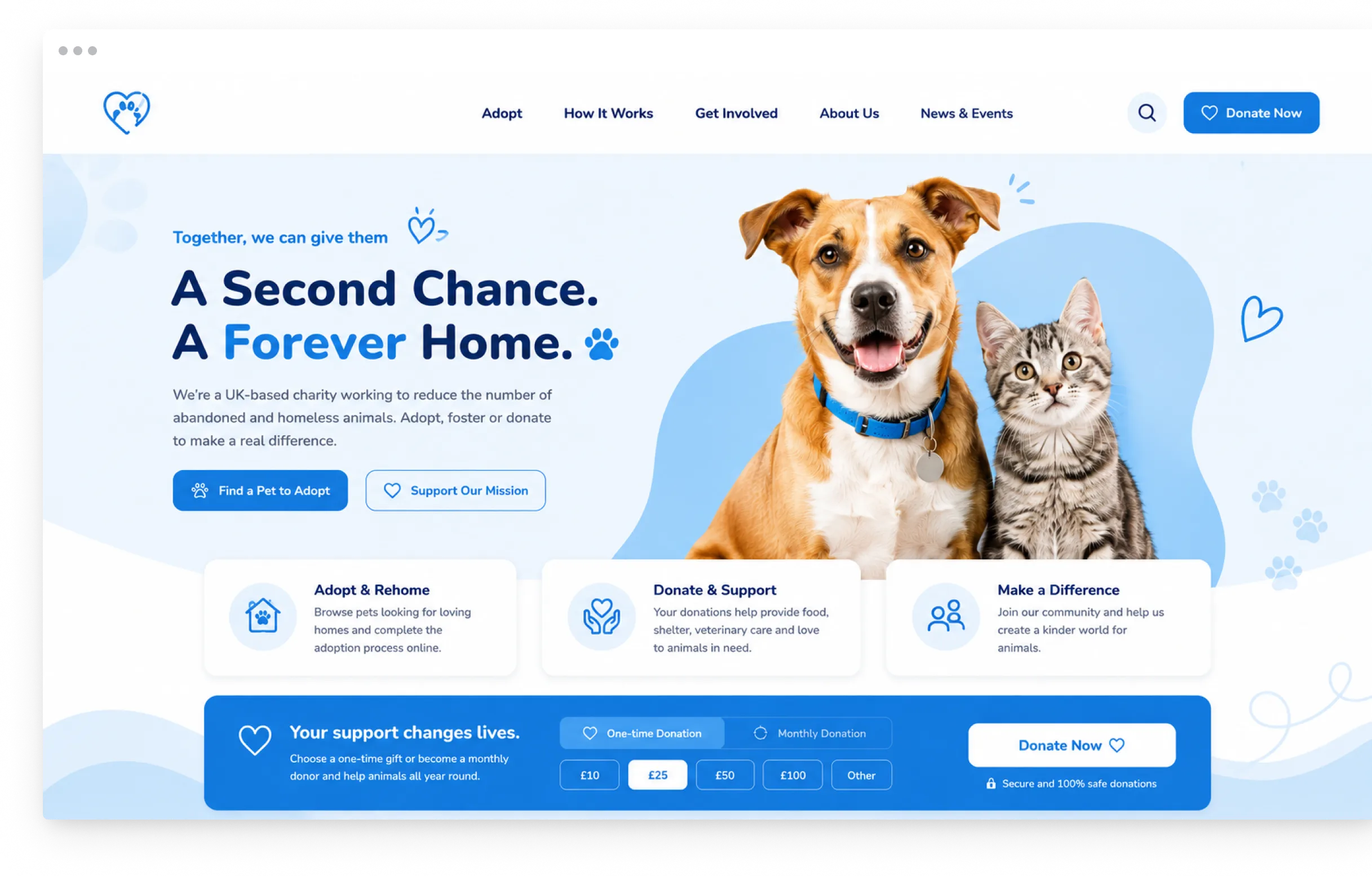 Pet Adoption & Rehoming Charity homepage with dog and cat photo, adoption and donation call-to-action buttons