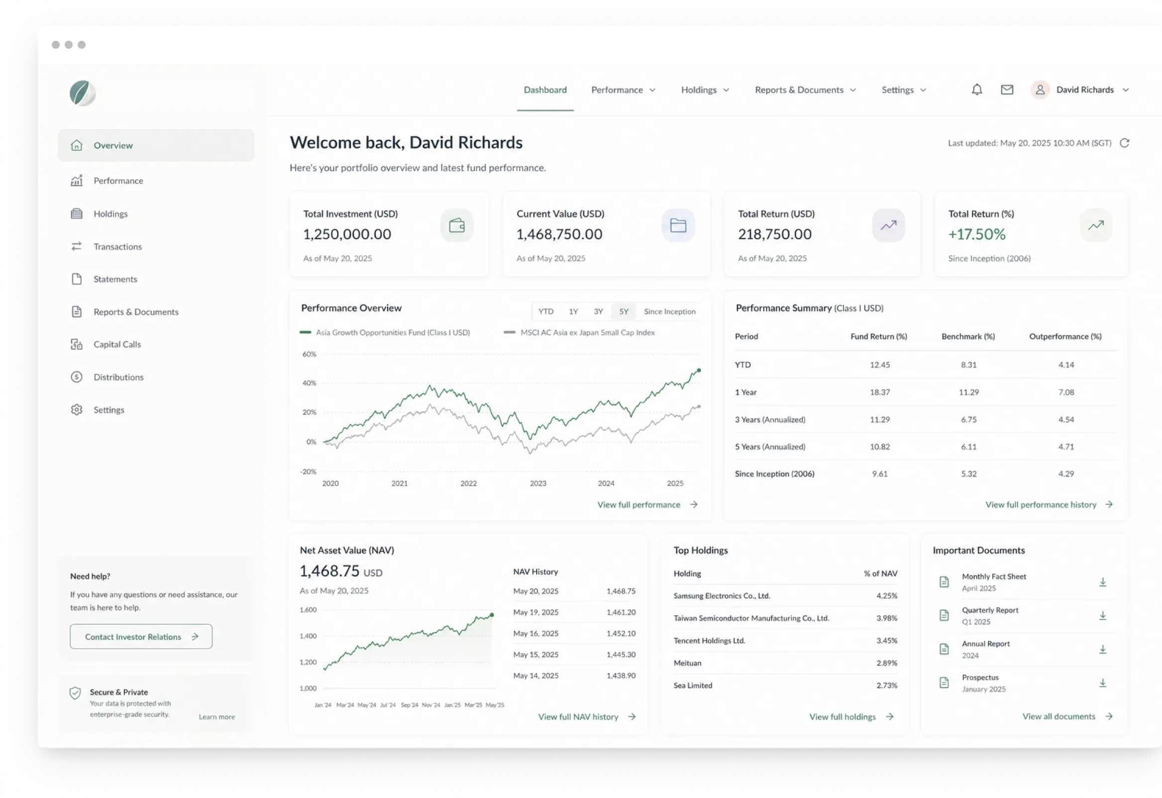 Investment Firm investor portal screen with live fund performance data