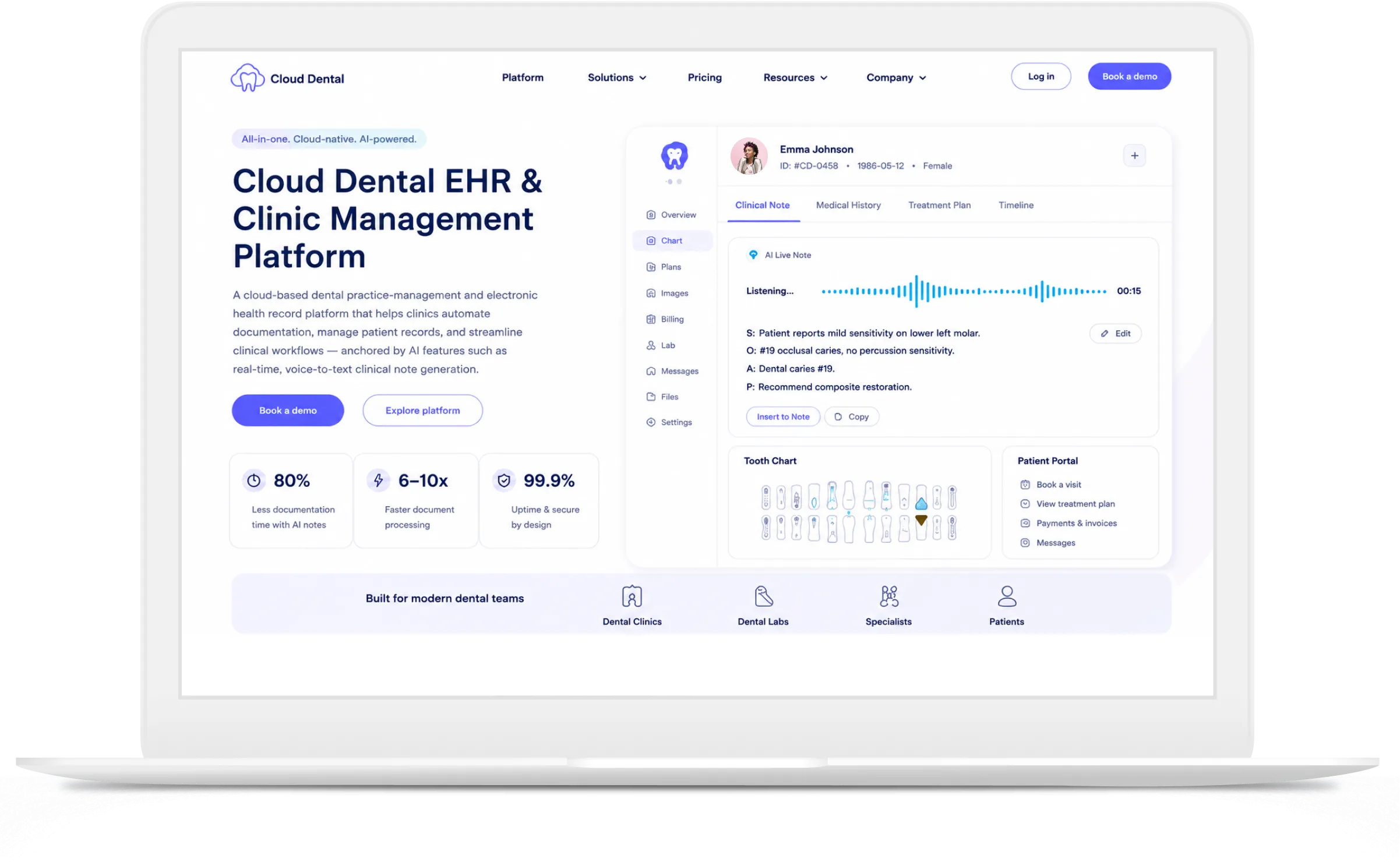 Cloud Dental EHR platform dashboard showing AI clinical notes, tooth chart, and patient portal