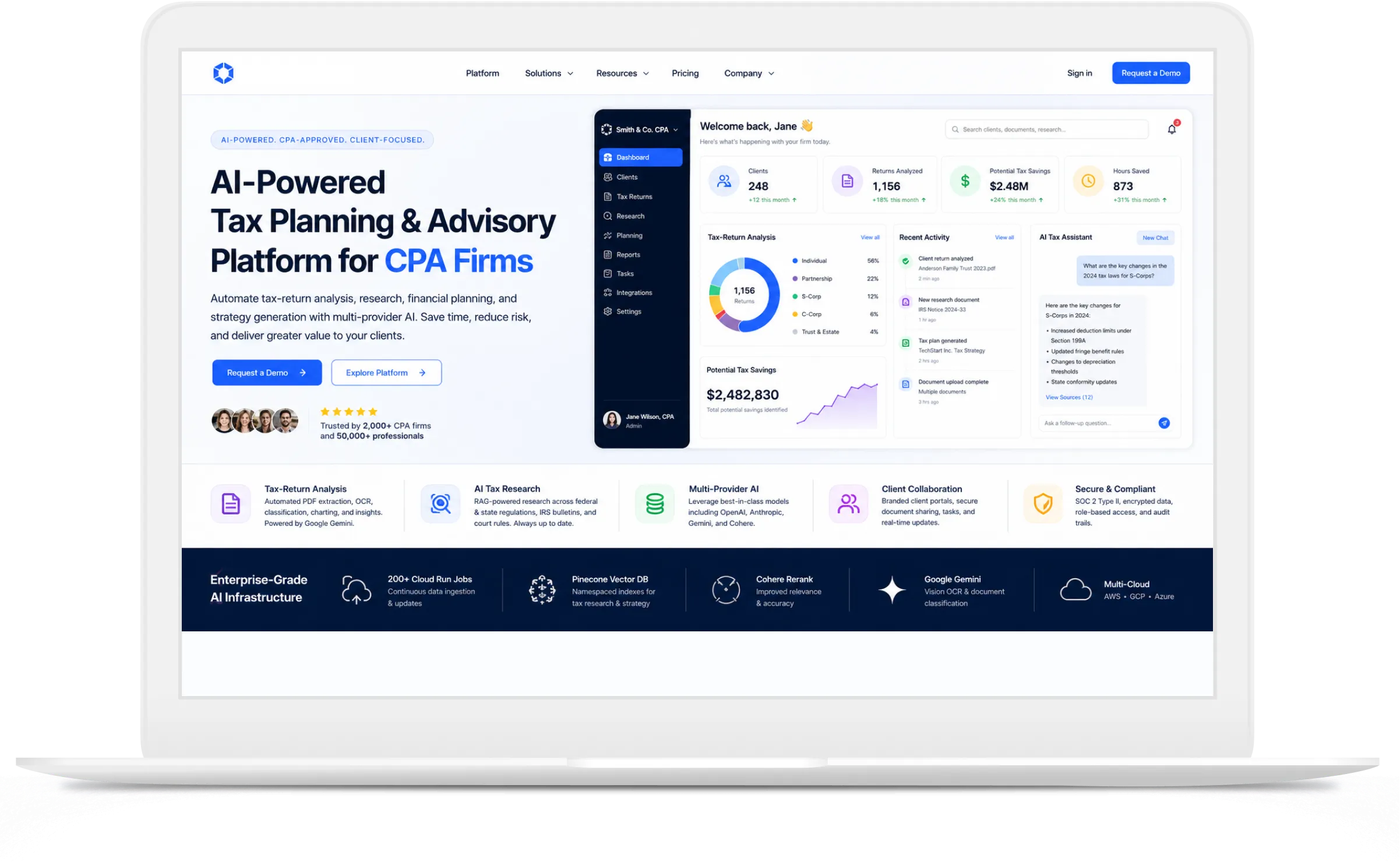 AI-Powered Tax Planning platform landing page showing tax-return analysis, savings estimate, and AI research dashboard
