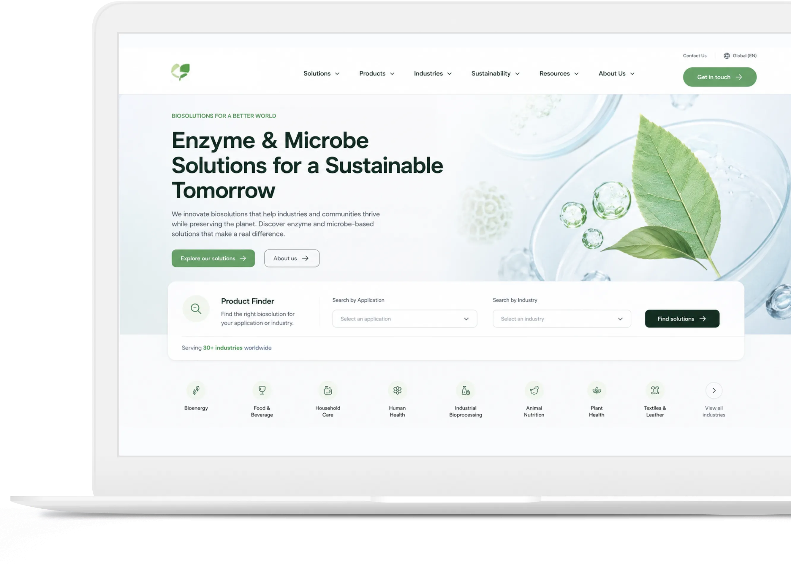 Biosolutions Corporate & Product Website homepage for a microbe-based biosolutions company