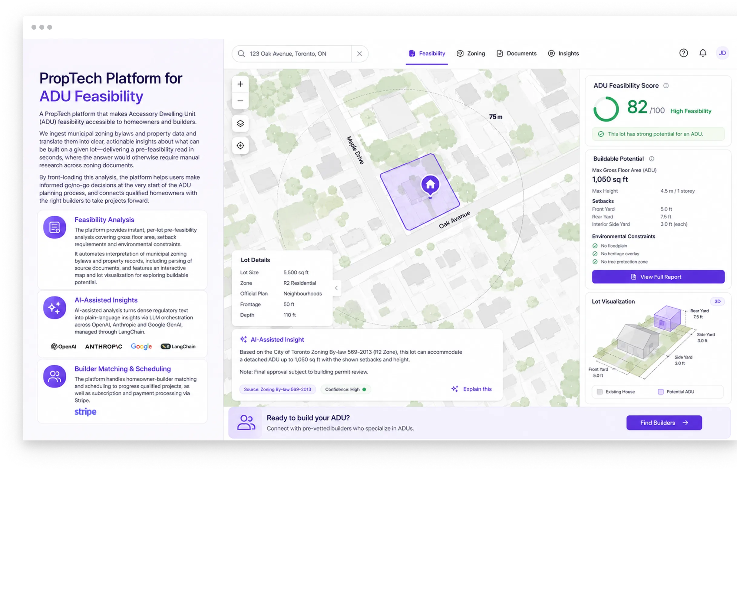 PropTech property map with AI-assisted feasibility insight, zoning details, and buildable potential score