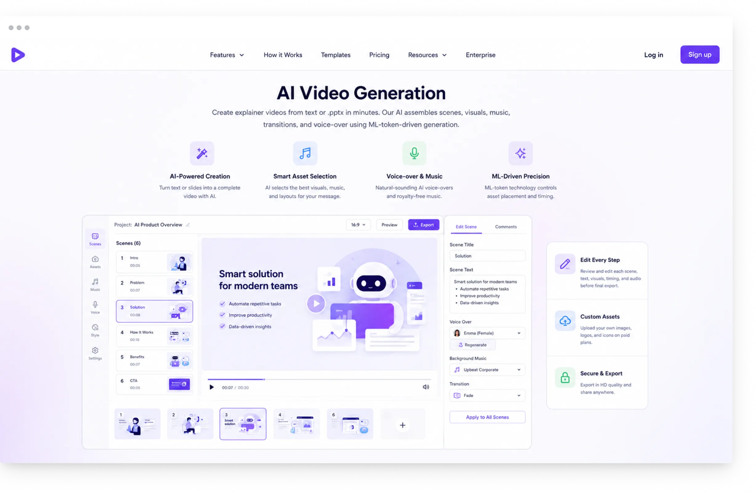 AI Explanatory Video Maker AI video generation screen with scene editor, asset selection, and voice-over customization
