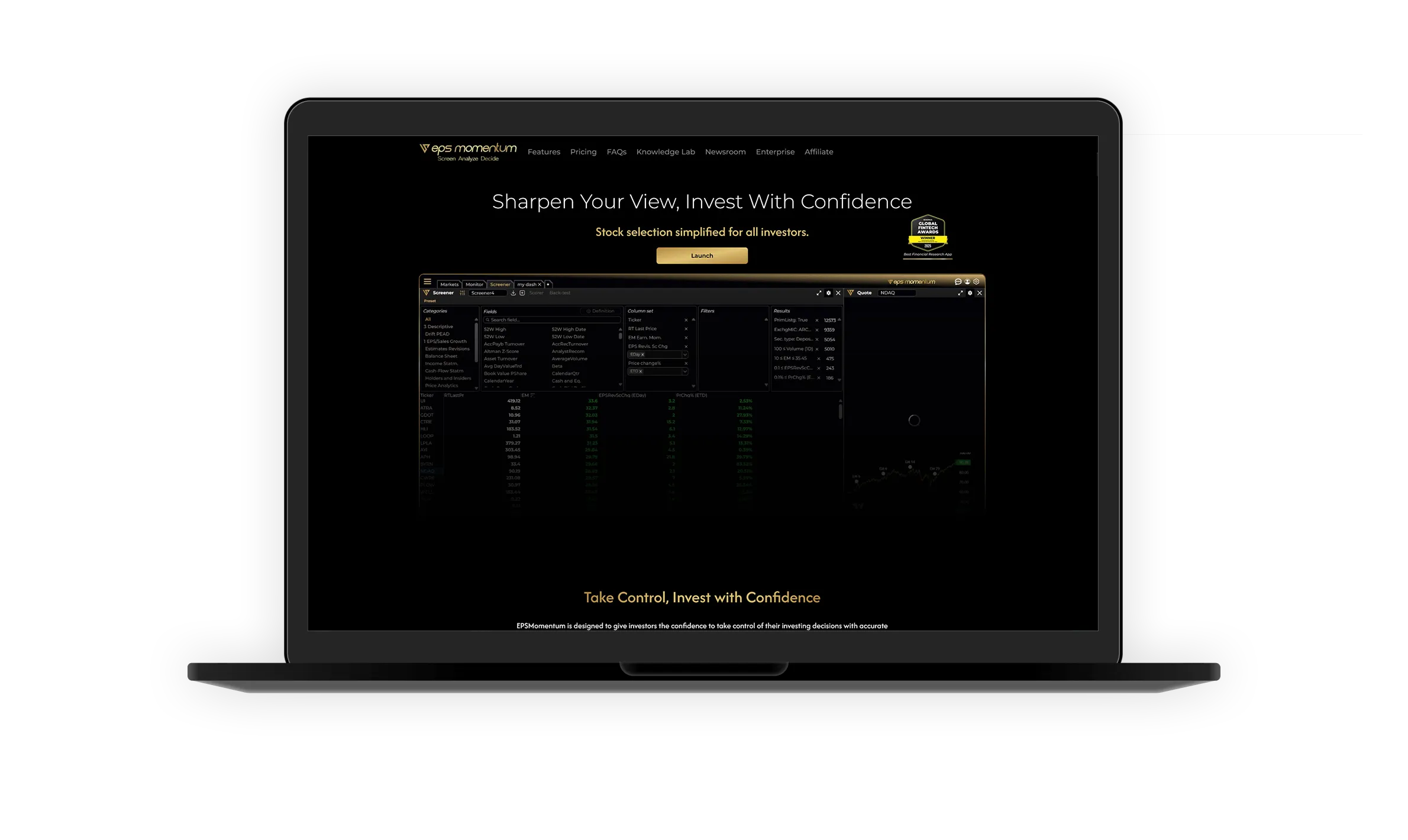 EPS Momentum investment platform dashboard on laptop screen