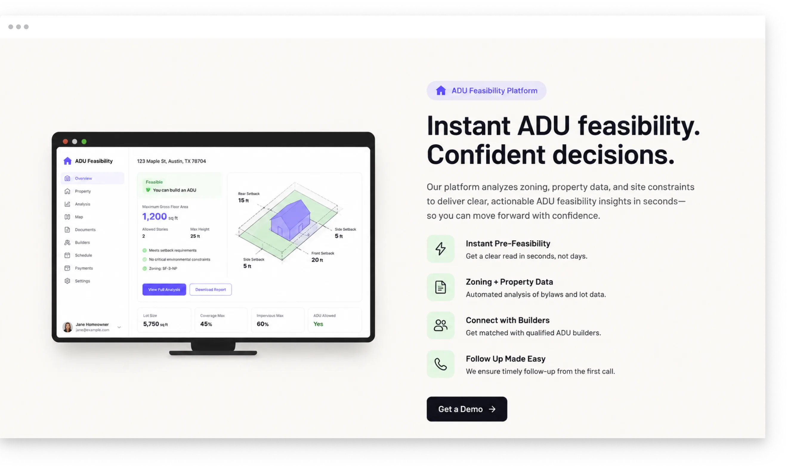 PropTech ADU feasibility dashboard with pre-feasibility results, zoning data, and builder connection features