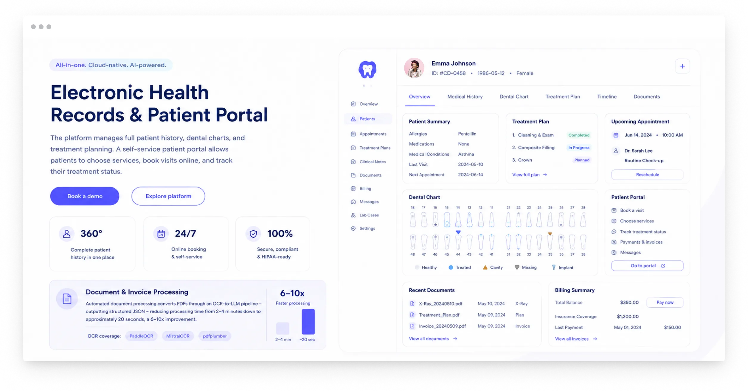 Cloud Dental EHR patient record screen with treatment plan, dental chart, and patient portal