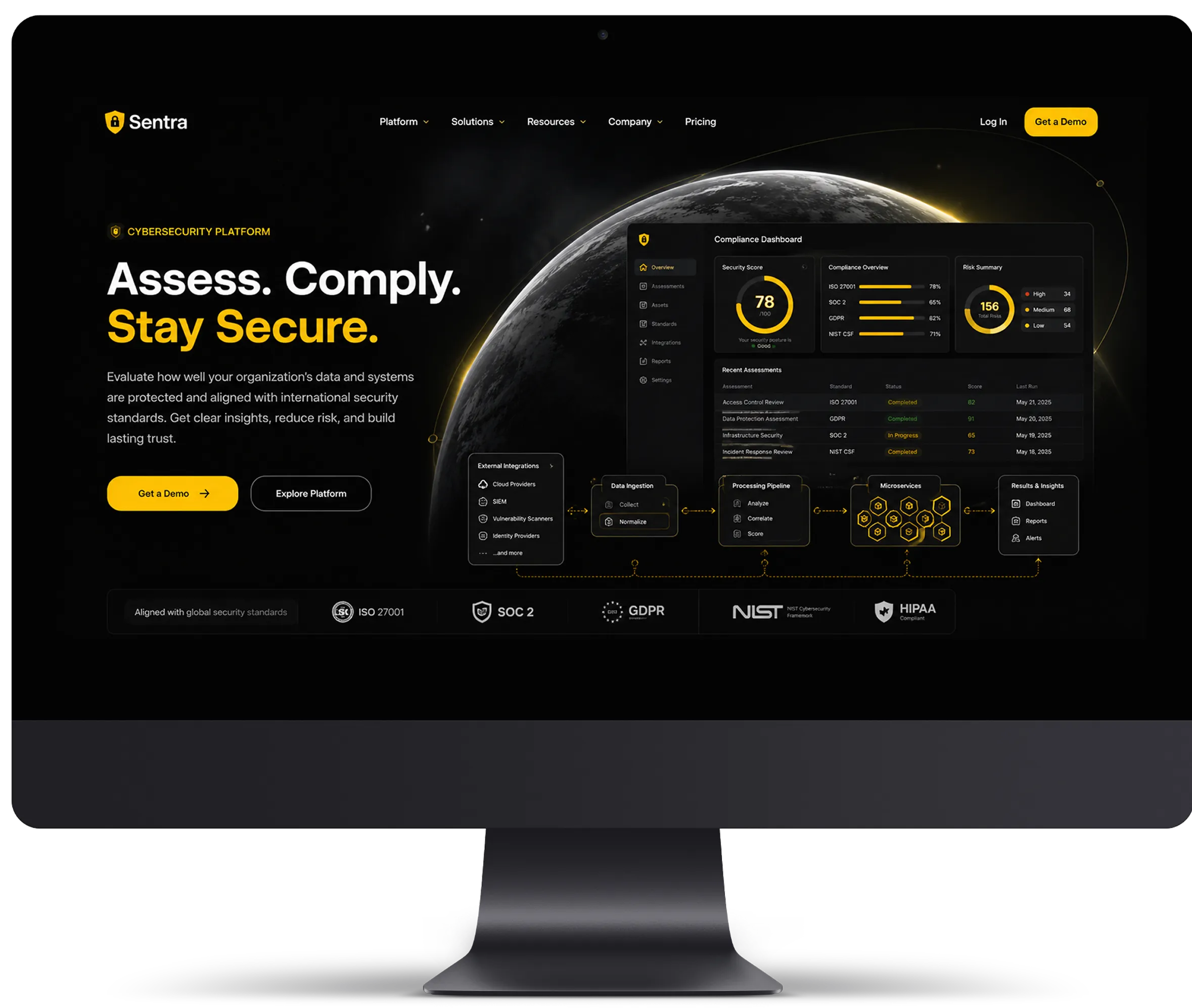 Cybersecurity Platform landing page with compliance dashboard preview, security score, and supported standards