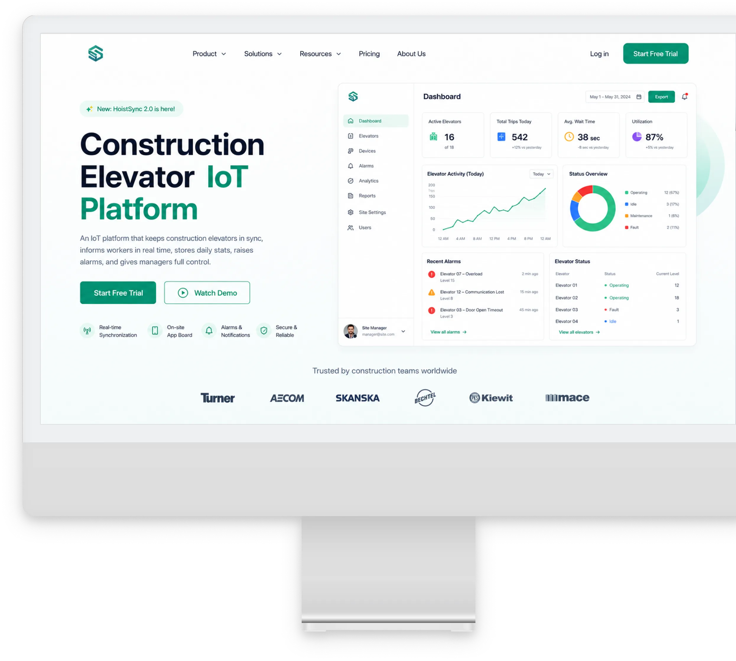 Construction Elevator IoT Platform admin dashboard on desktop screen
