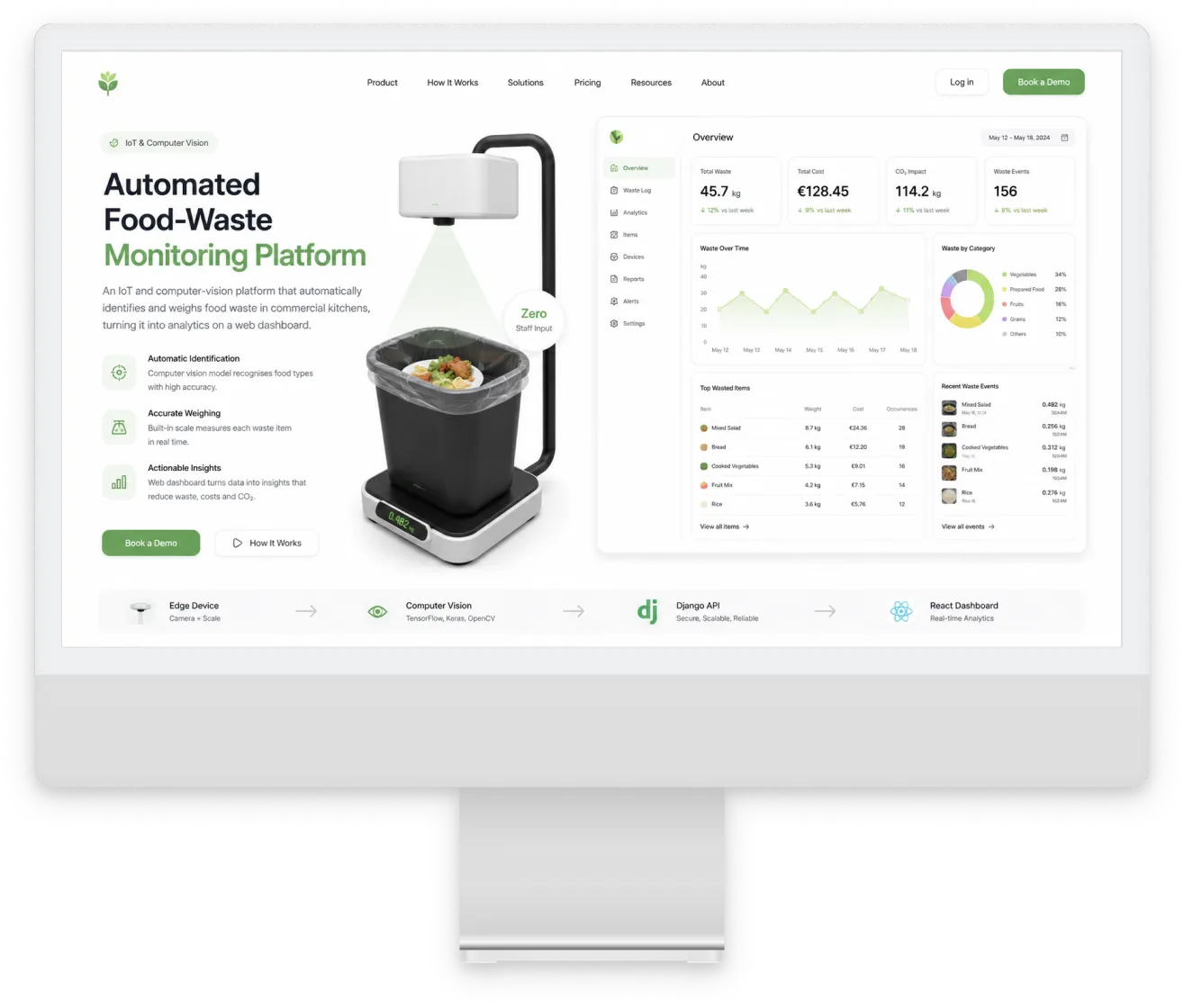 Automated Food-Waste Monitoring Platform hero showing smart waste bin device with computer-vision camera and web dashboard overview