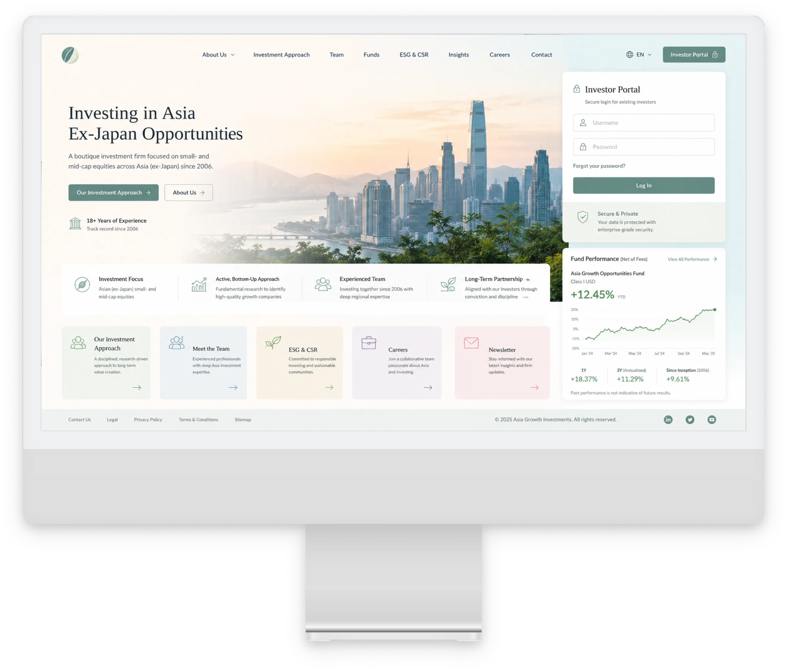 Investment Firm corporate website homepage showing investment approach and team information