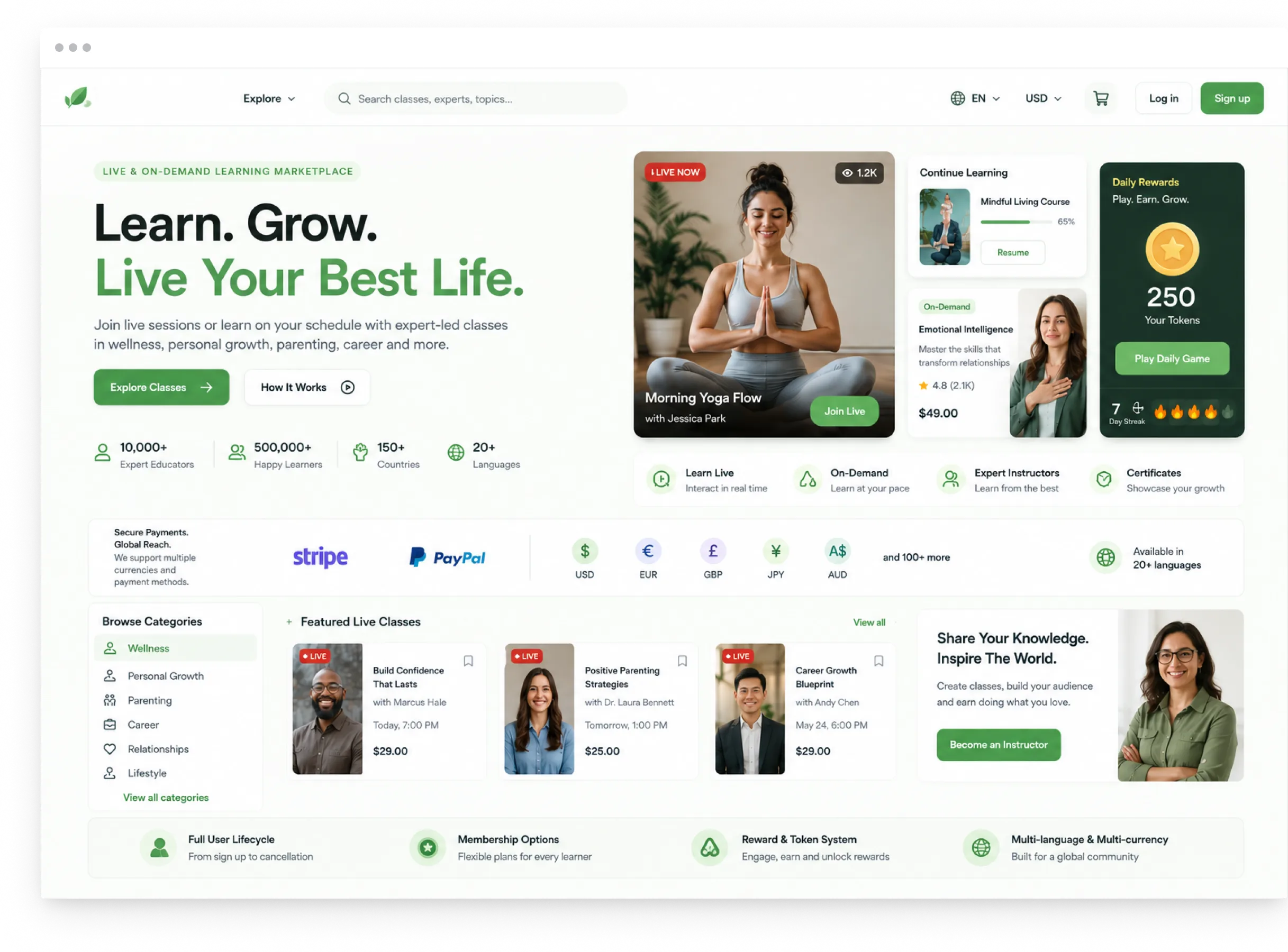 Learning Marketplace homepage showing live and on-demand classes