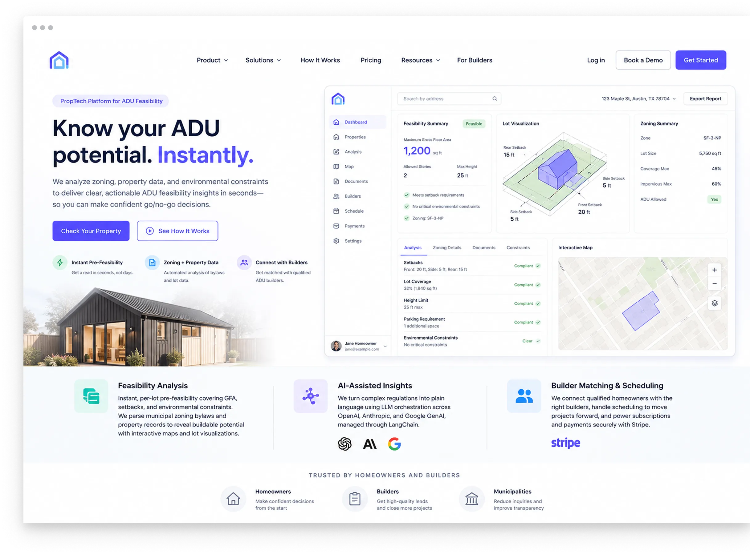 PropTech platform landing page showing ADU feasibility summary, lot visualization, and zoning details