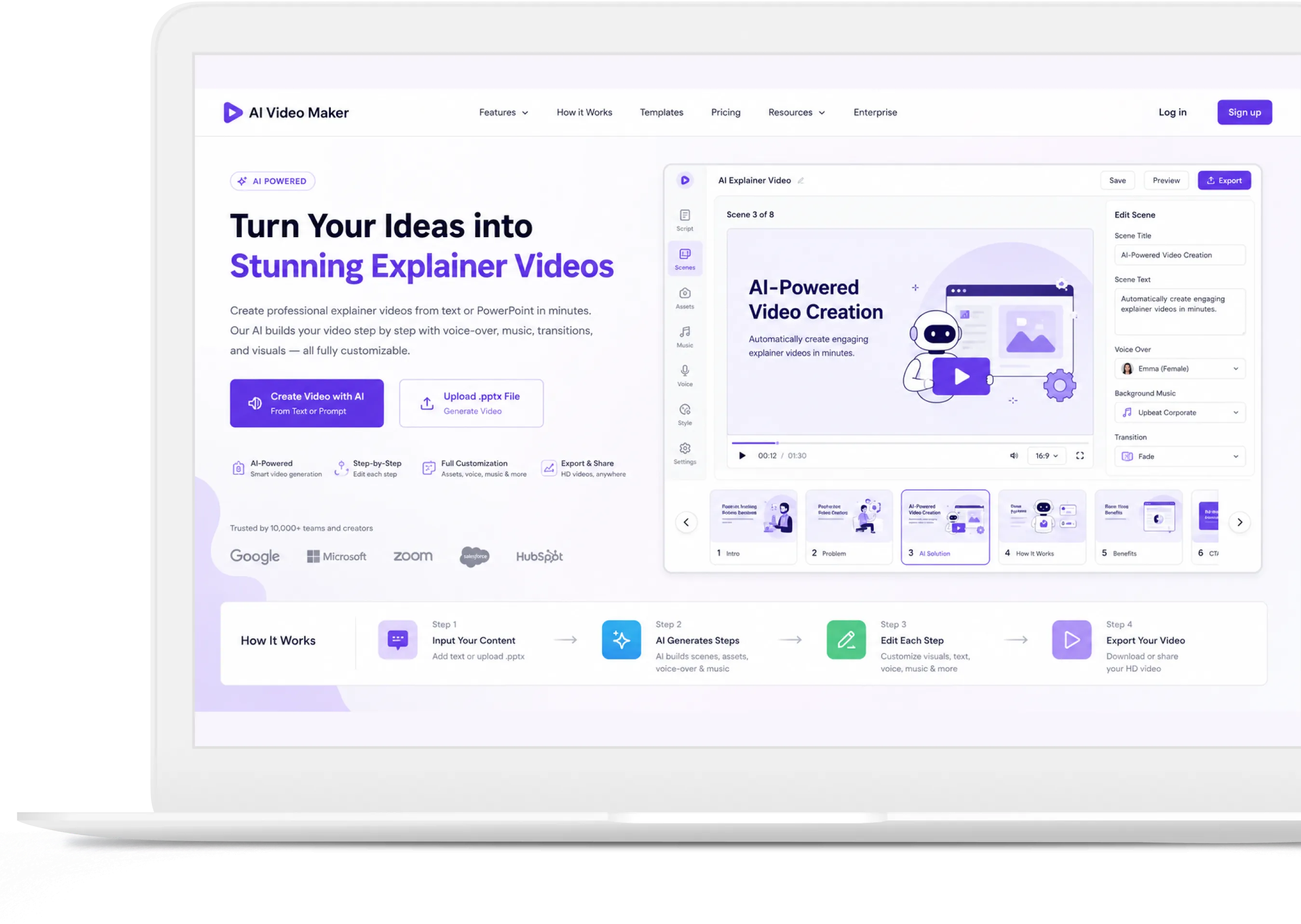AI Explanatory Video Maker landing page showing text-to-video creation options and step-by-step video editor preview