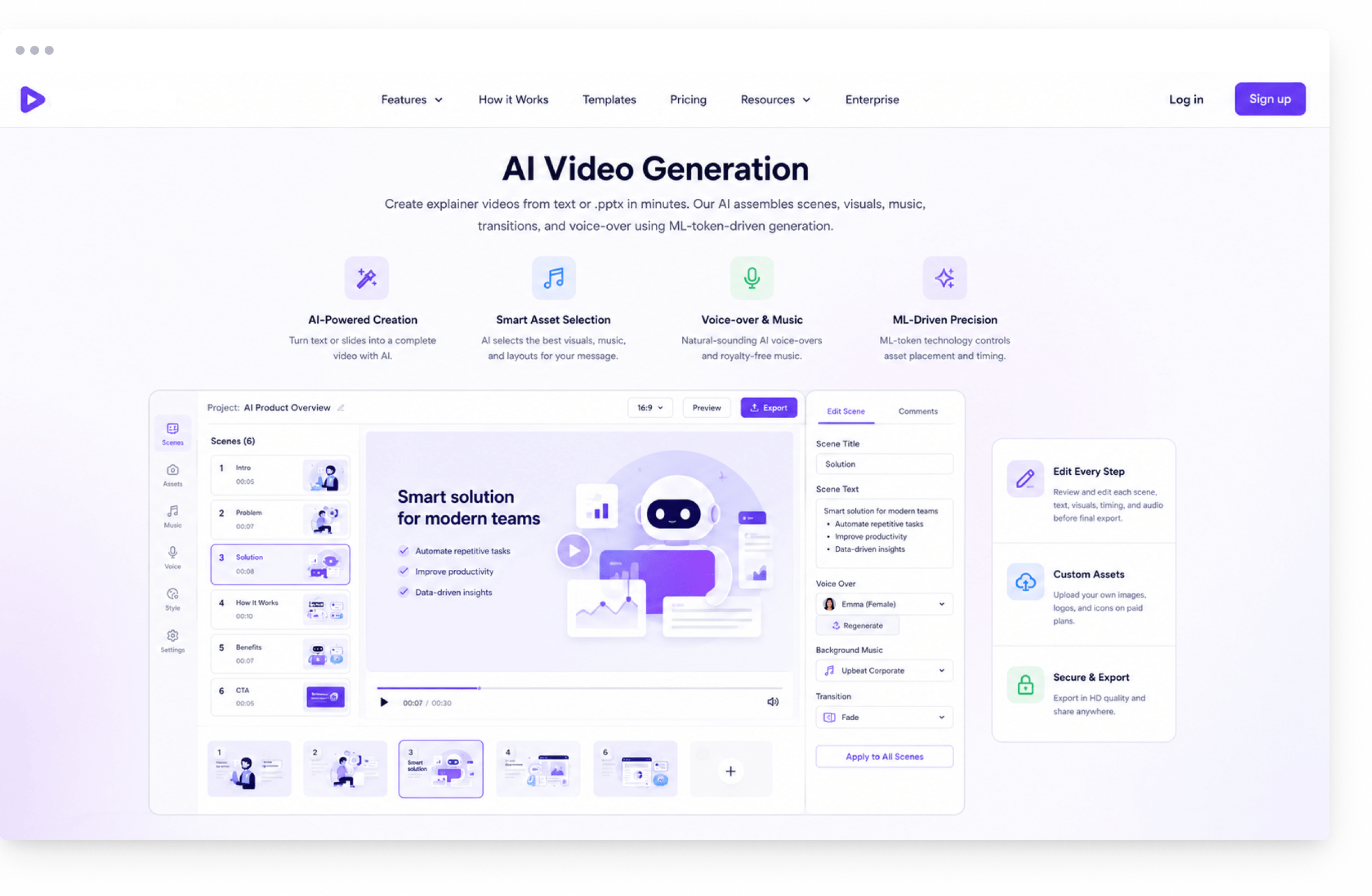 AI Explanatory Video Maker AI video generation screen with scene editor, asset selection, and voice-over customization