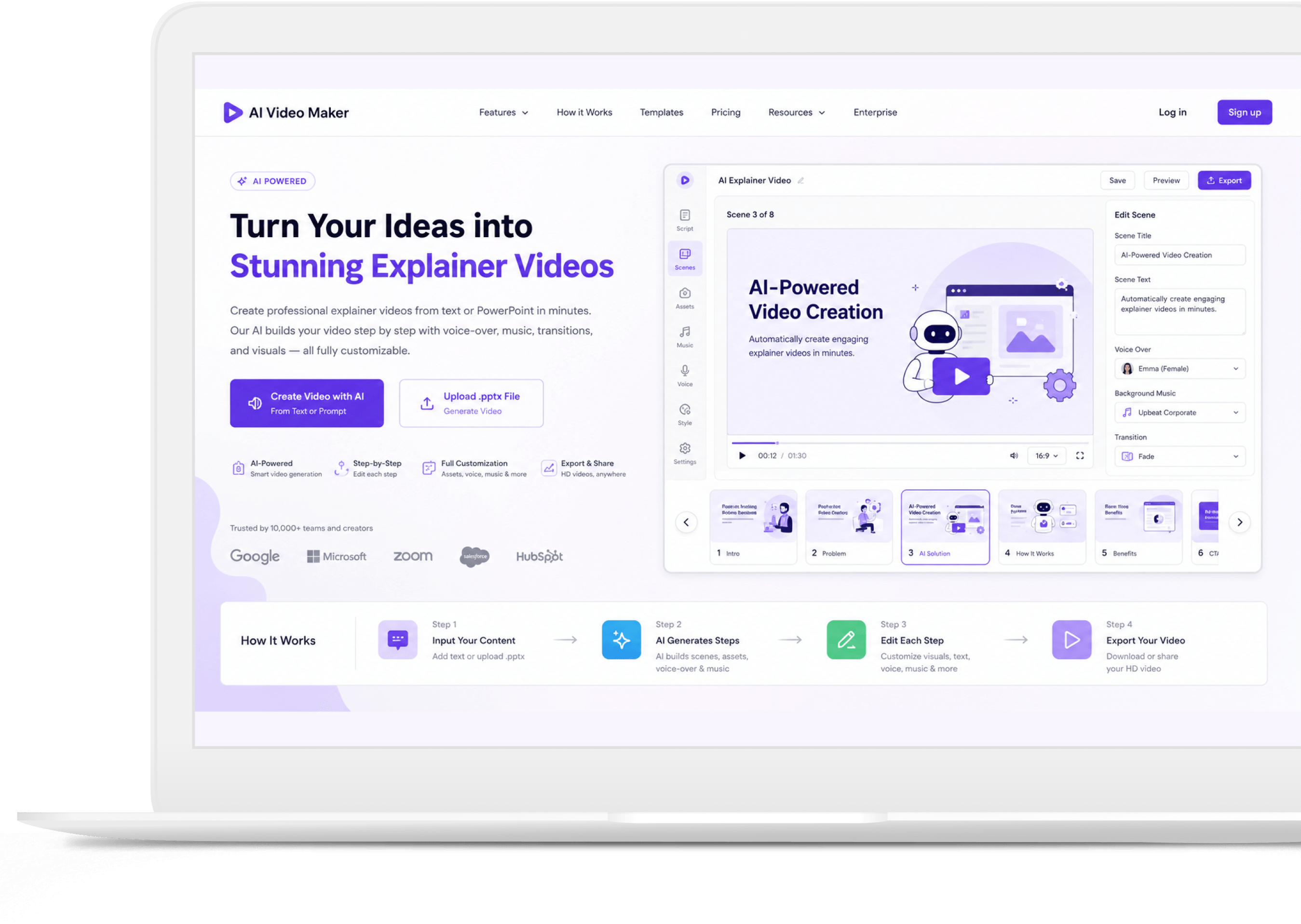 AI Explanatory Video Maker landing page showing text-to-video creation options and step-by-step video editor preview
