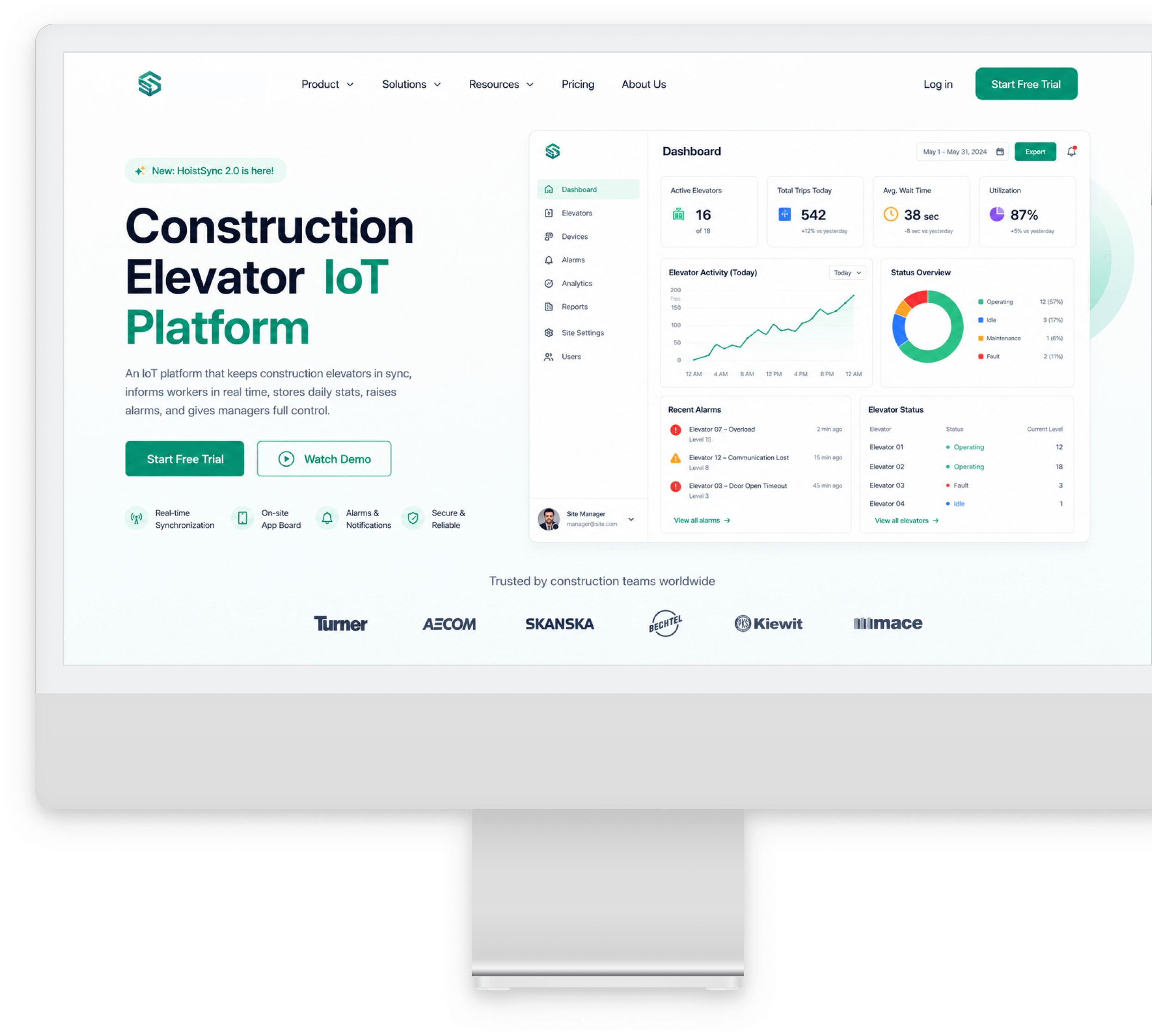 Construction Elevator IoT Platform admin dashboard on desktop screen