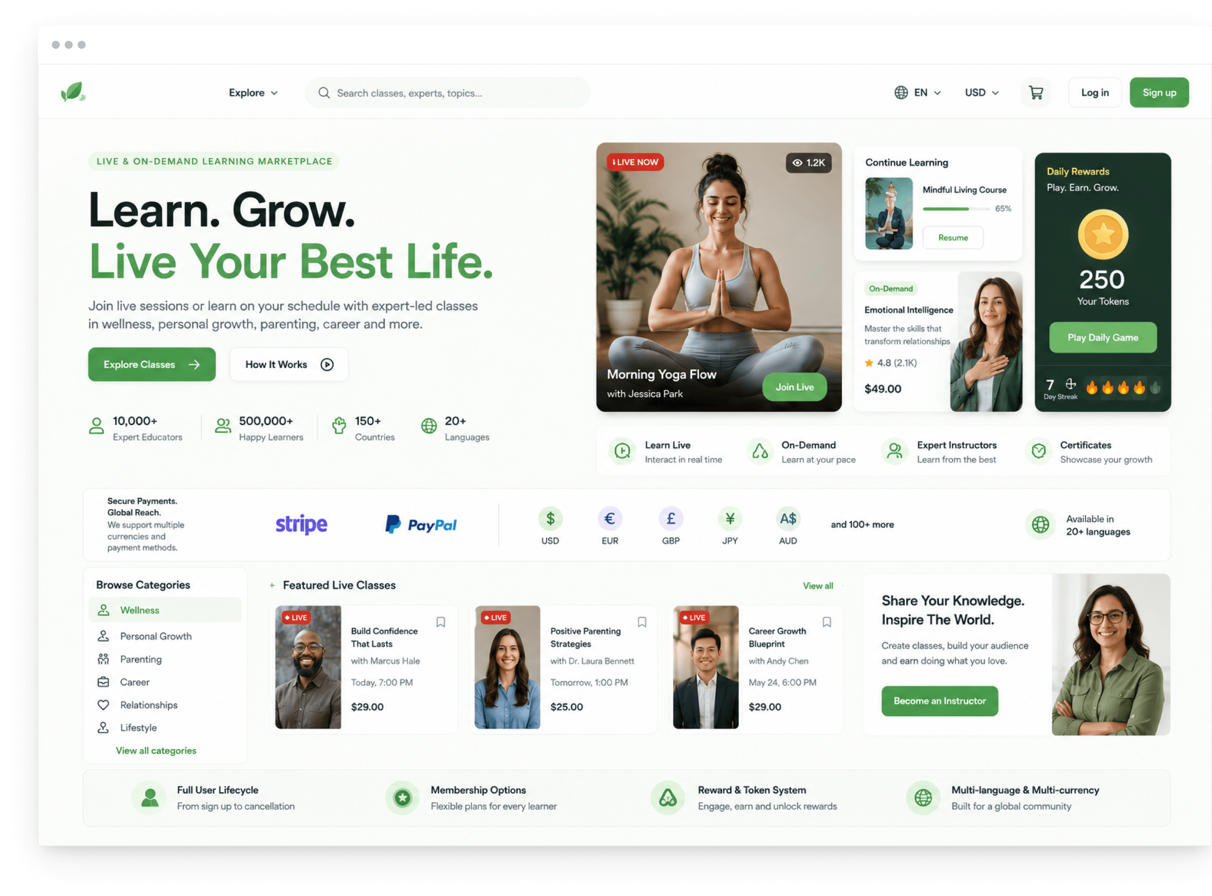 Learning Marketplace homepage showing live and on-demand classes