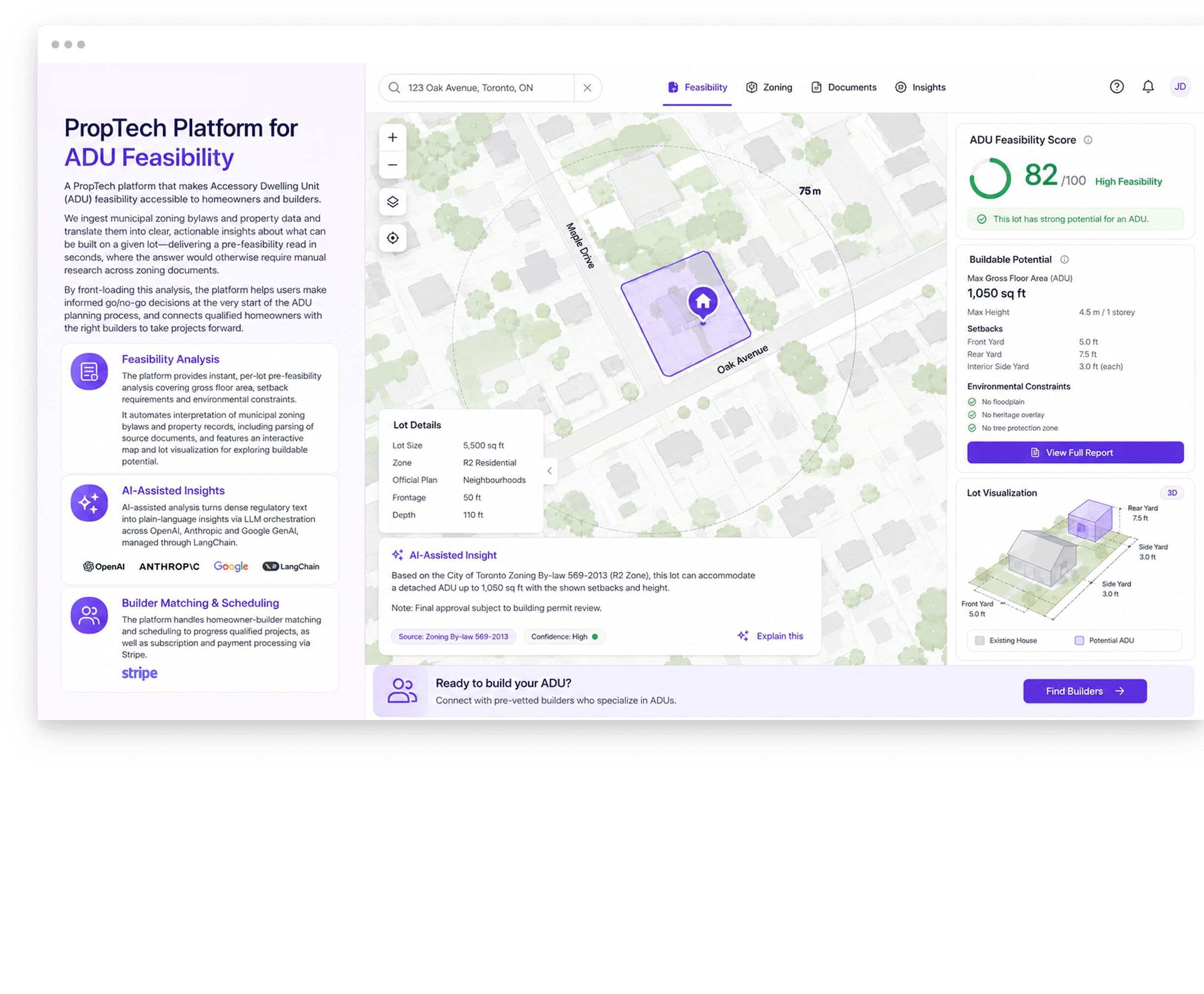 PropTech property map with AI-assisted feasibility insight, zoning details, and buildable potential score