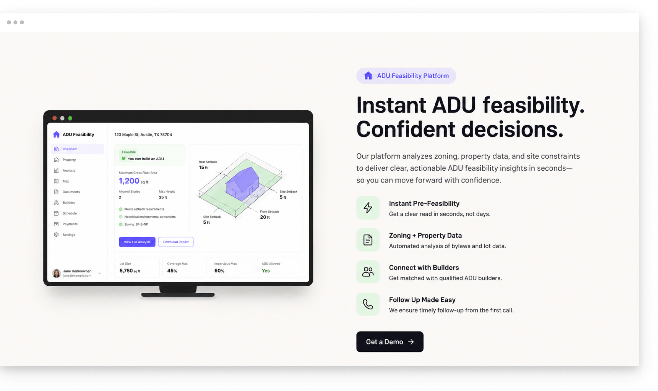 PropTech ADU feasibility dashboard with pre-feasibility results, zoning data, and builder connection features