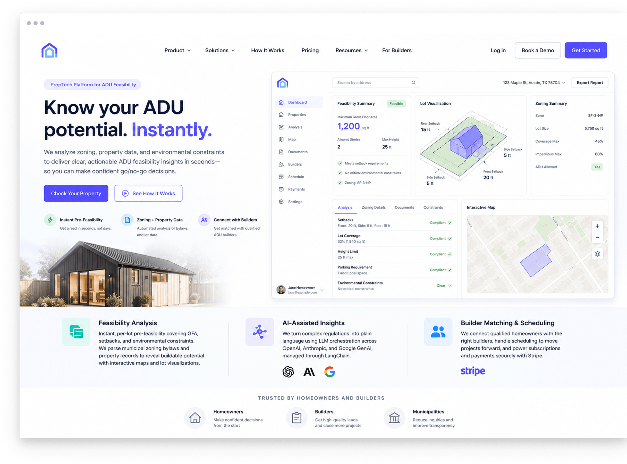 PropTech platform landing page showing ADU feasibility summary, lot visualization, and zoning details
